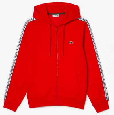 Authentic Lacoste SH5065 Men’s Classic Fit Branded Stripes Zip-Up Hoodie Red NEW - Image 1 of 3