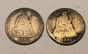 1890 & 1891 Seated Liberty Dimes American Coins - Picture 1 of 6