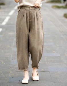 100% Linen Casual Trousers Womens Summer Semi Elastic Waist Loose Harem Pants Sz - Picture 1 of 27