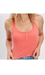 American Eagle Women's Small Orange Pink Coral Lettuce Hem Henley Tank Top - Picture 1 of 6