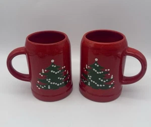 RARE! Pair Of Waechtersbach Germany Tankard Red With White Christmas Tree - Picture 1 of 9