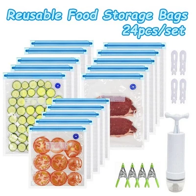 24Pcs Vacuum Zip Reusable Sealer Bag Hand Pump Kitchen Food Saver Storage Bags - Image 1 of 4