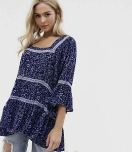 Free People Tunika Talk About It MIDNIGHT blau Blumenmuster Tunika S/P - Bild 1 von 10