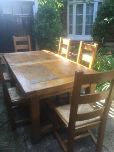 Table is solid pine with aged oak brandy barrel veneer inserts on table top. - Picture 1 of 7
