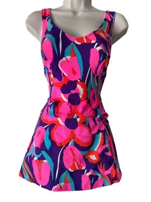 Traje de baño Mod años 60 vintage rosa brillante púrpura aguamarina floral, L/XL Foto 1 de 4