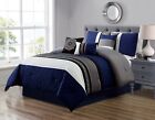 7 Piece Navy Blue/Grey/Black/White Scroll Embroidery Bed in A Bag Microfiber ...