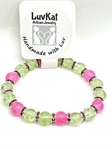 SPRING COLORS 7" Pink & Green Stretch Bracelet-Glass Beads, Pink Rhinestones - Picture 1 of 5