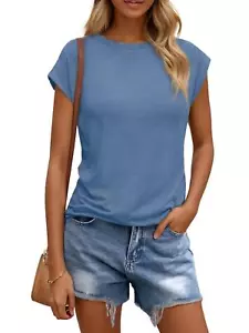 Womens Casual Tops Loose Fit Crewneck Cap Sleeve Basic T-Shirt NEW - Picture 1 of 14