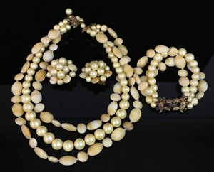 Vintage Faux Shell Pearl Marvella Signed Strand Necklace Earring Bracelet Set - Picture 1 of 7
