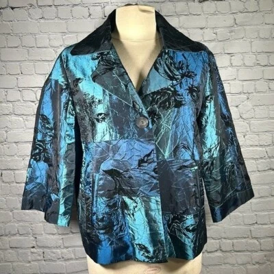 Susan Graver one button Teal Black Velvet evening light Jacket Blazer Medium NEW - Image 1 of 4