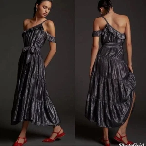 NWT Maeve Anthropologie one shoulder silver ruffled midi dress medium m - Picture 1 of 12