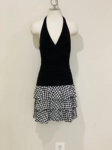 Black Halter Ruched Party Dress w Ruffled Black And White Polka Dot Frills- Sz M - Picture 1 of 7