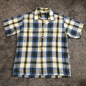 True Vintage 50s Loop Collar Button Up Shirt Size M Plaid Straight Hem 1950s - Picture 1 of 11