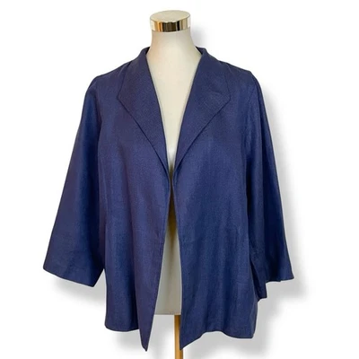 Chaqueta Eileen Fisher Talla Grande Frente Abierto Morado Mezcla Lino Plisado Trasero Foto 1 de 4