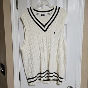 Polo Ralph Lauren Vintage weiß Zopfmuster kultiger Cricket Pullover Weste 2XL - Bild 1 von 5