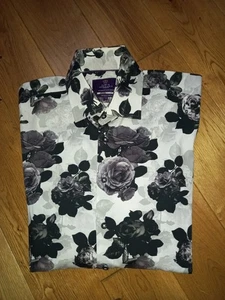 HAWES & CURTIS 'PICCADILLY STRETCH' BLACK & WHITE FLORAL PRINT L/S SHIRT LARGE - Picture 1 of 5