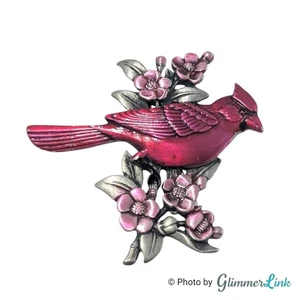 Vintage JJ Cardinal Bird On Floral Branch Enamel Pewter Brooch Pin - Picture 1 of 6