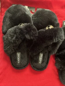 New Bebe Black Faux Fur Memory Foam Slippers With Indoor/Outdoor Soles - Picture 1 of 5