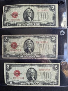 US Three, Two Dollar Bills, 1928 G, $2 Bills, Red Seals - Picture 1 of 4