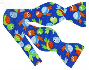 Turtle Bow tie, Colorful Baby Sea Turtles on Royal Blue, Fun Self-tie Bow tie - Picture 1 of 5