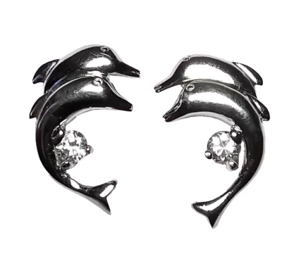 Aretes de diamantes enchapados en platino de plata de ley con delfines circonita cúbica (880G) Foto 1 de 4