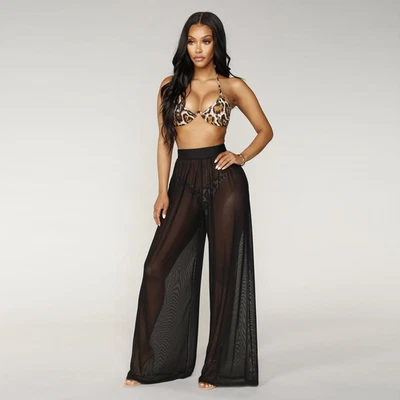 Mesh Sheer Women See Through Boho Wide Leg High Waist Beach Long Loose Pants - Image 1 of 4