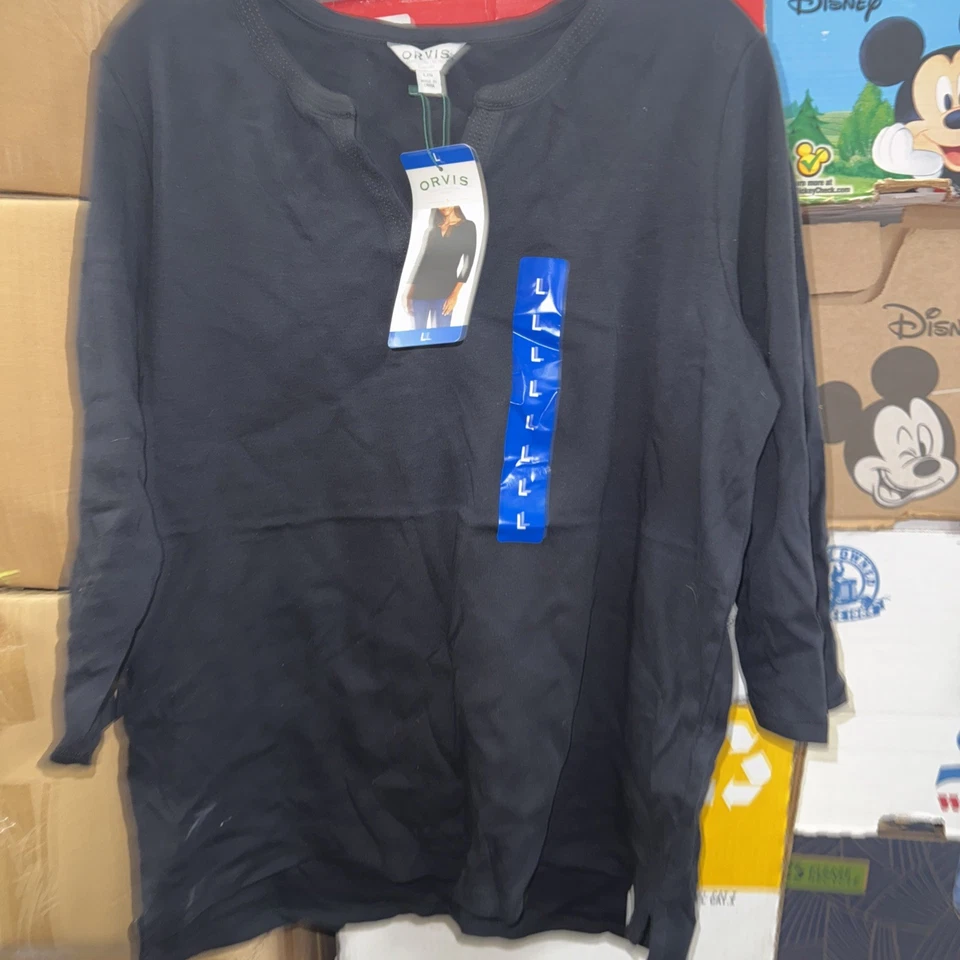 Top de mujer Orvis manga 3/4 cuello dividido, grande, negro Foto 1 de 1