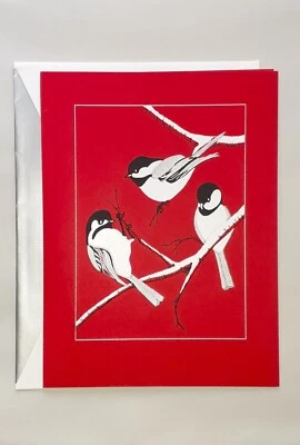 One Crane & Co Chickadees on Branches Tarjeta Roja y Forrada de Plata Blanco Env - Nuevo Foto 1 de 4