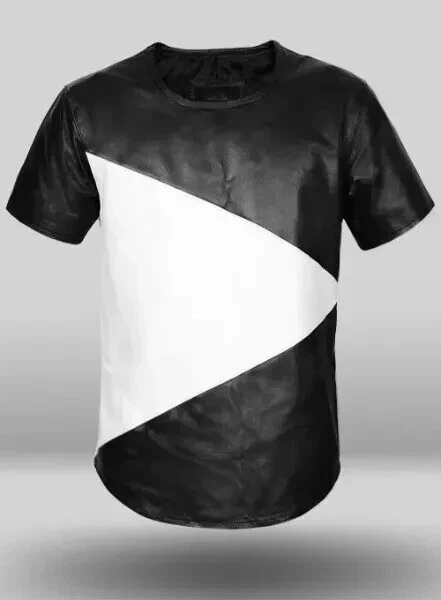 Camiseta Hombre Blanco y Negro Elegante Hecha a Mano Piel de Cordero Cuero Genuino Informal Suave Foto 1 de 4