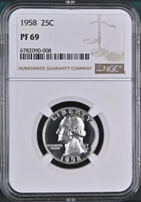:1958-P S25C WASHINGTON-QUARTER NGC PF-69 (SEMI-CAMEO) LOW-POP R3 HIGHEST-GRADES - Image 1 of 2