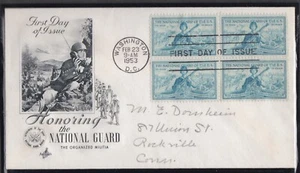 USA 1953 FIRST DAY COVER NATIONAL GUARD IN BLOCK OF 4 + CACHET - Picture 1 of 1