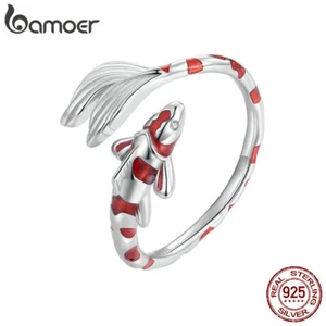 BAMOER 925 Sterling Silver Koi Fish Open Adjustable Ring Enamel Party Women Gift - Picture 1 of 13