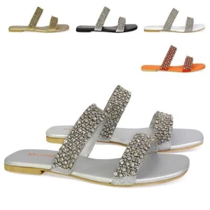 Womens Flat Slip On Diamante Slider Sandals Ladies Holiday Party Shoes Size 3-8 - Picture 1 of 51