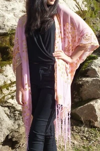 Pink Gold Sequin Lace Peacock Festival Kimono Top One size Plus size - Picture 1 of 4
