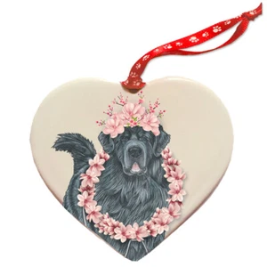 Newfoundland Newfie Dog Porcelain Floral Heart Shaped Ornament Décor Pet Gift - Picture 1 of 2
