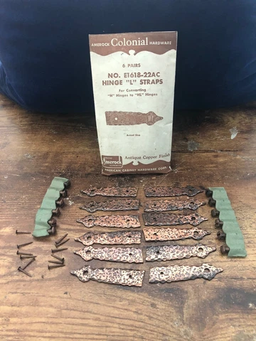 Vintage AMEROCK Colonial Copper Hinge "L" Straps (6 pairs) E1618-22AC nos UNUSED Cover