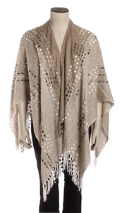 NEW Lime One Size Taupe Open Knit Shawl, Pom Pom Tassels, Rectangular Wrap - Picture 1 of 6