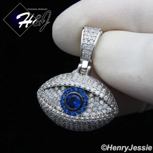 MEN WOMEN SOLID 925 STERLING SILVER ICY BLING CZ BLUE 3D EVIL EYE PENDANT*SP370 - Picture 1 of 4
