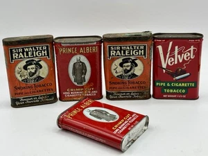 Lot of 5 Vintage 1.5 oz Tobacco Tins - Prince Albert, Sir Walter Raleigh, Velvet - Picture 1 of 2