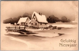 Vintage Dutch HAPPY NEW YEAR Greetings Postcard Winter House Scene - Dated 1913 - Picture 1 of 2