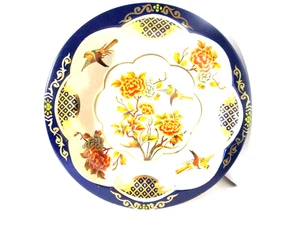Vintage Blue Metal Serving Bowl Flowers Birds Hong Kong 10-1/2" Tin Box Company - Picture 1 of 4