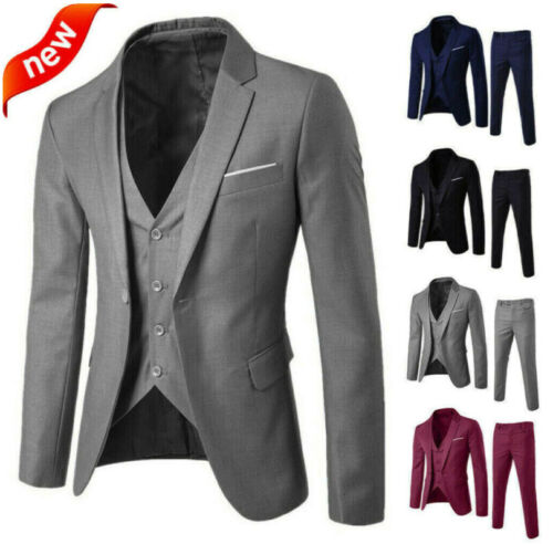 Men’s Suit Slim 3-Piece Suit Blazer Business Wedding Party Jacket Vest & Pants ~