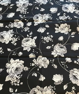 Vtg White Gray Roses Black Floral Fabric Cotton Cranston Schwartz Liebman .97 YD - Image 1 of 4