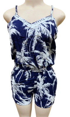 女士连身裤连身裤假日夏季背心裙海军蓝底座棕榈树 XL — 第 1/2 张图片