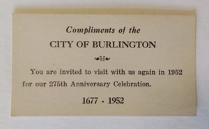 1952 City of Burlington, NJ 275th Anniversary Celebration Invitation Card - Bild 1 von 2