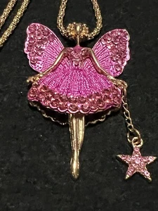 NEW Fairy Angel Ballerina Star Pink Pave Crystals Pendant Necklace - Picture 1 of 11