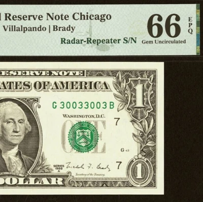 1988A $1 Federal Reserve Note PMG 66EPQ - Radar Repeater Serial Number 30033003 - Image 1 of 3
