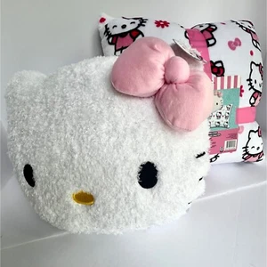 Hello Kitty Bed Pillows 2 Pack Plush Soft Furry Pillows Pink White Large 18x18 - Picture 1 of 4