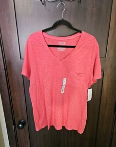 NWT Women's Pink Short Sleeve V-Neck Pocket Tee T-Shirt Top Blouse Size XXL 2XL - Picture 1 of 5