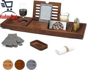 Bamboo Bath Caddy Tray Candle Wine Glass Book Tablet Phone Holder Extend Wood UK - Picture 1 of 15